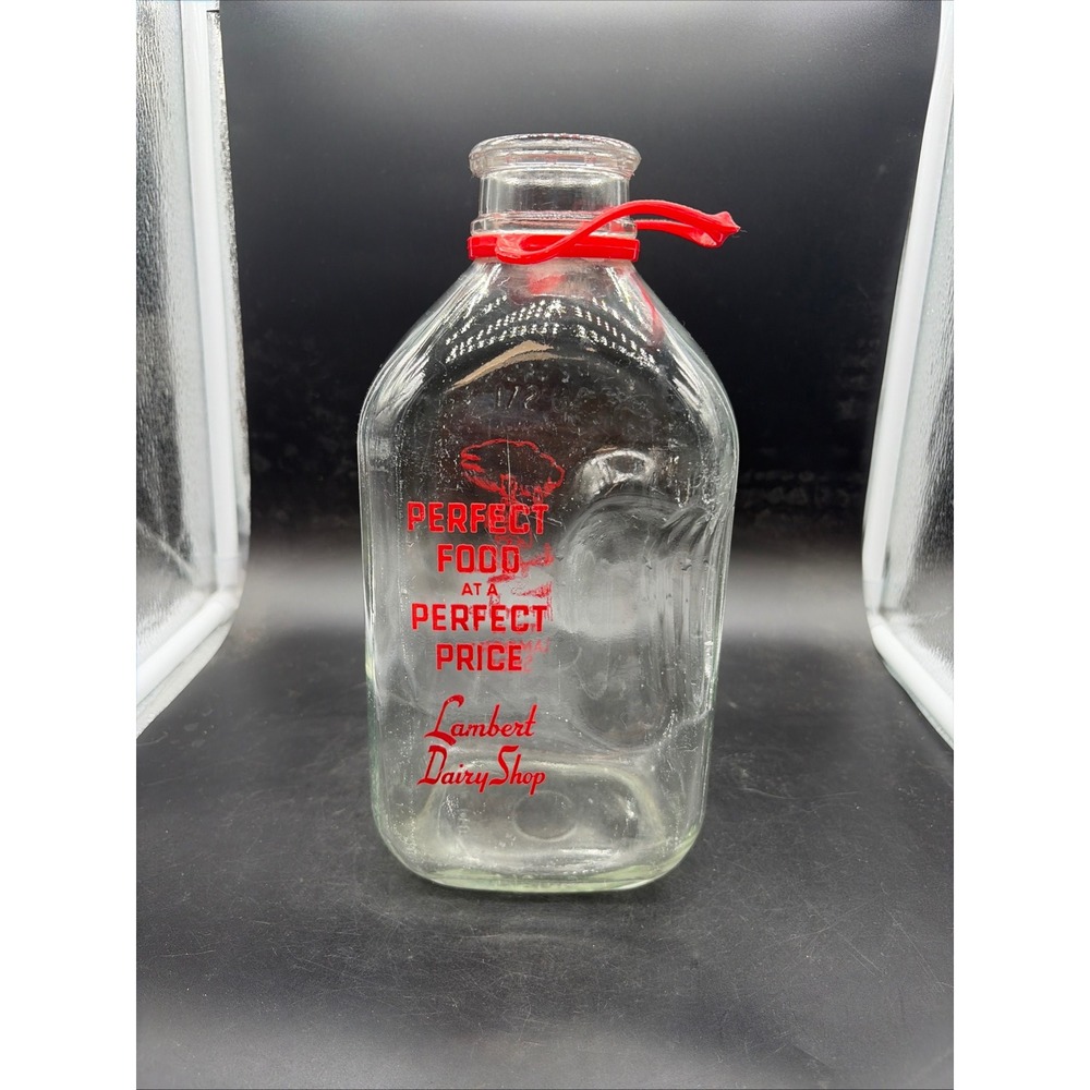 Vintage Lambert Dairy Shop Half Gallon Glass Milk Bottle Red Pyro Hippity Hop